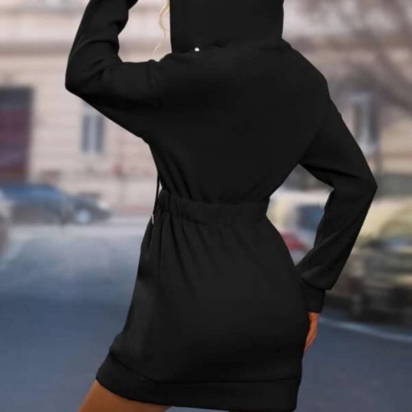 black Elastic Waist Drawstring Hoodie Long sleeved Pearls Beaded Mini Dress - Picture 4 of 5